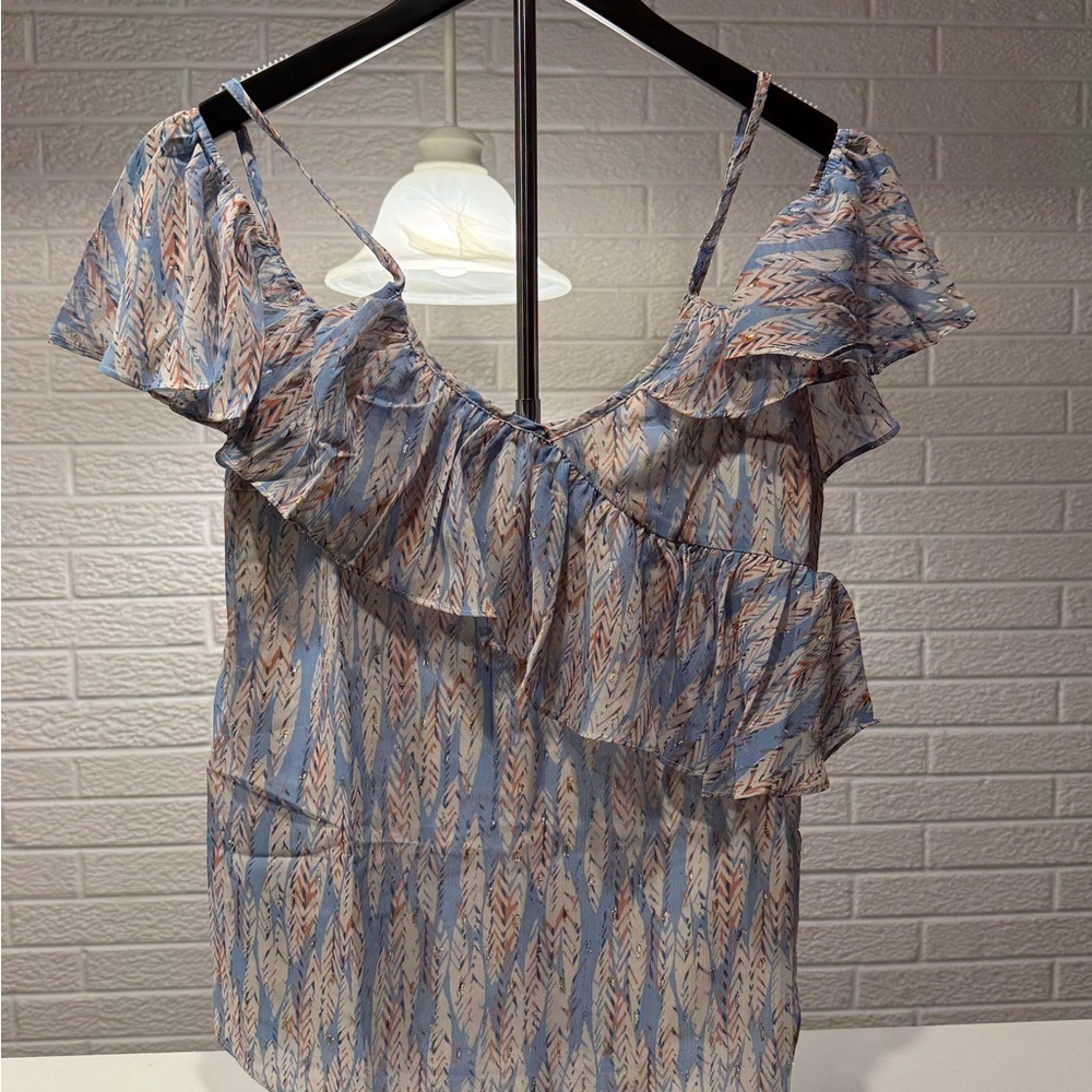 Miss Me Blue and Pink‎ Ruffled Blouse Woman’s small, 100% polyester.